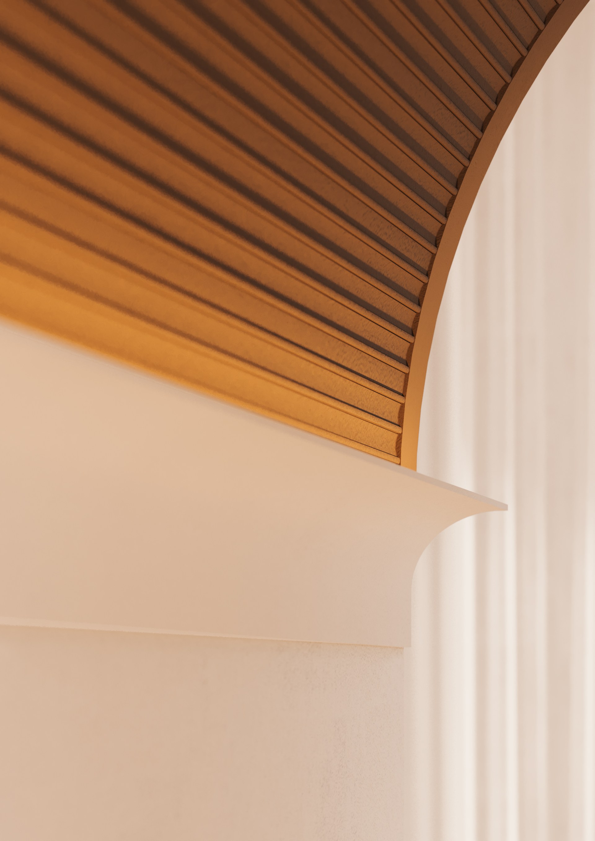 Des panneaux muraux linéaires posés au plafond, créant une surface architecturale incurvée à la texture raffinée.
